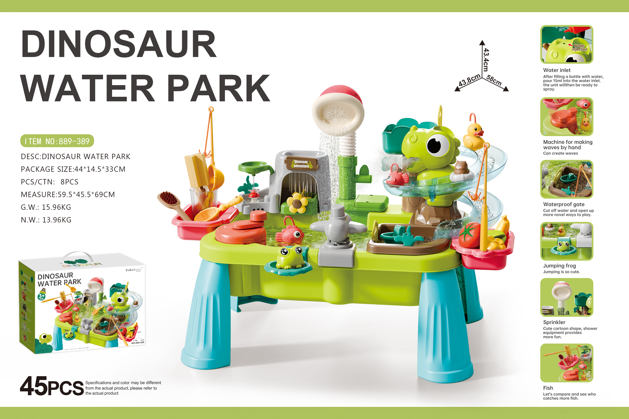 Bulk Dinosaur Water Play Set, Electric Water Spray Play Station with 45-Piece Set (Spray Dinosaur) – Batt - MOQ 24