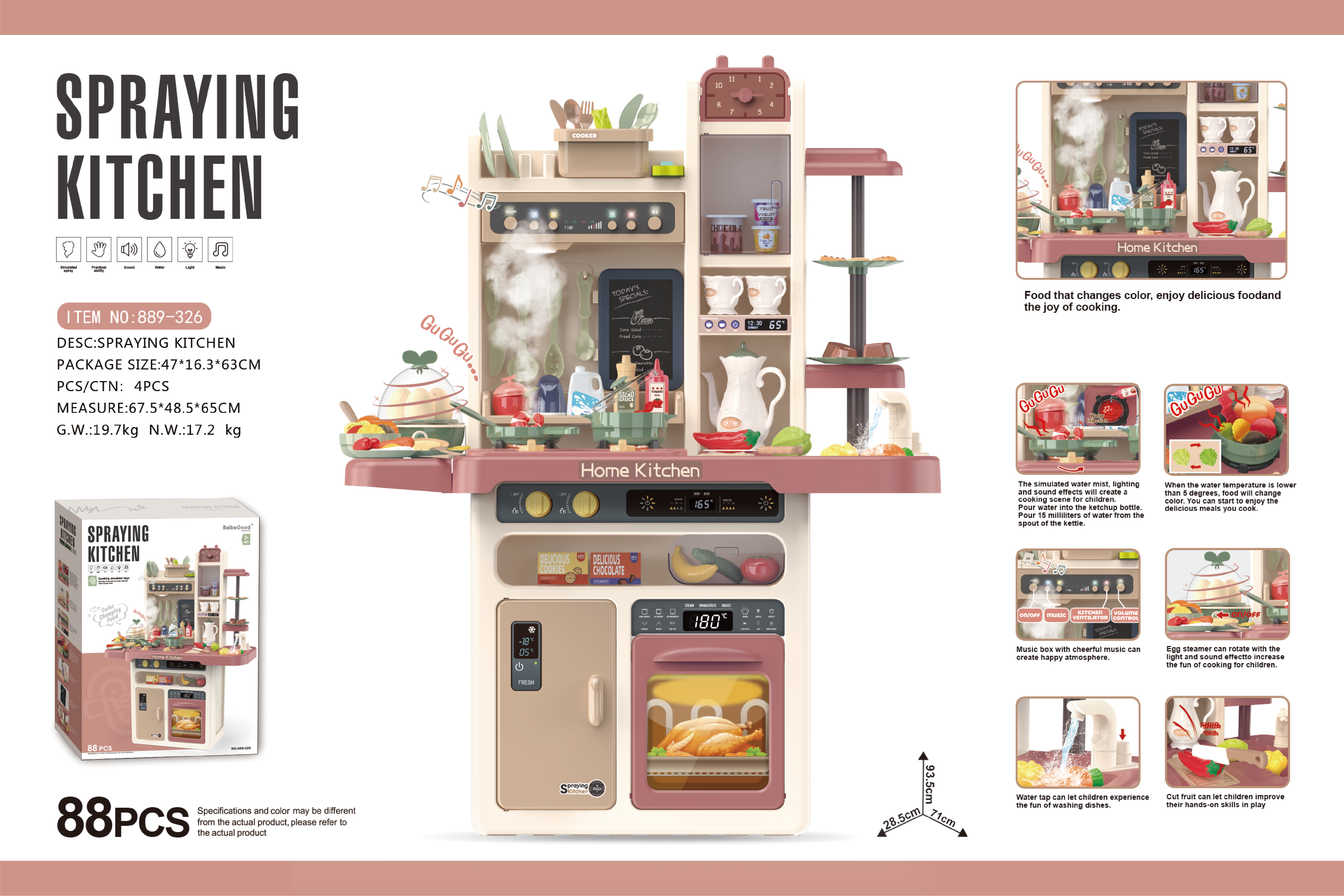 Bulk 93.5cm Spray Kitchen (Premium Version) with Spray, Egg Steamer, Color-Changing Food, Light and Music - MOQ 12